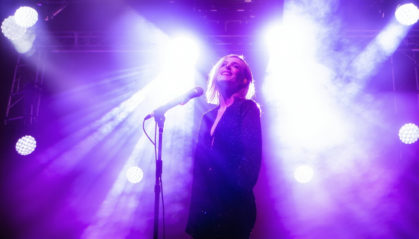 Artista actuando en un escenario con luces brillantes
